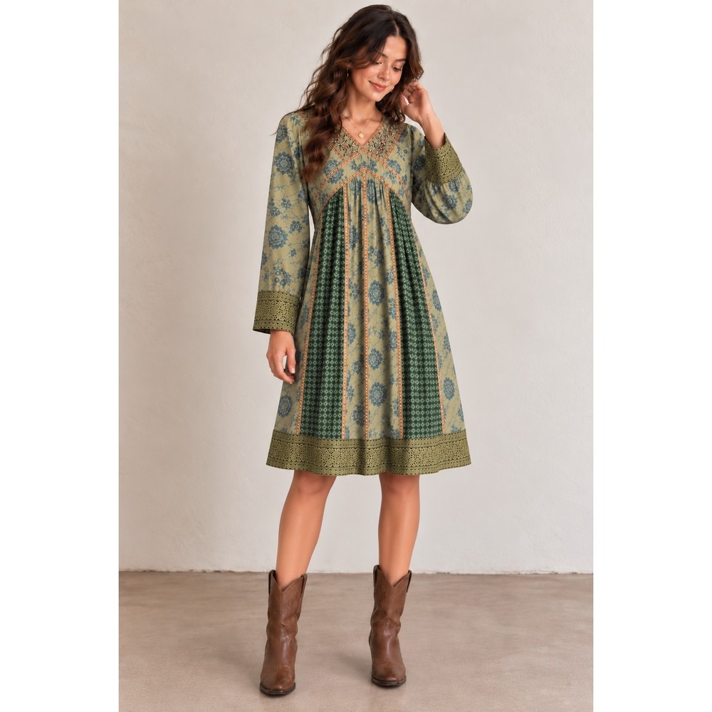 April Cornell XL Green Floral Midi Dress Renaissance Boho Fairy Cottage Ethereal